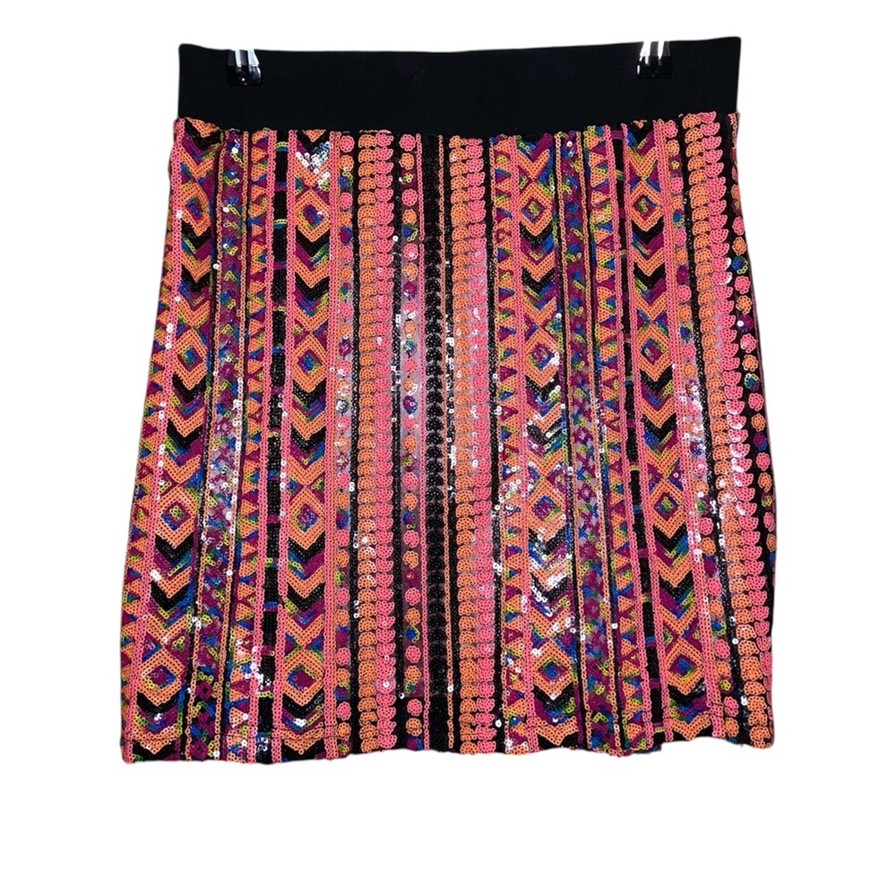 Glam Sequin Mini Skirt M Pink Multicolor Retro Pattern Party Holiday Clubwear - Picture 2 of 4